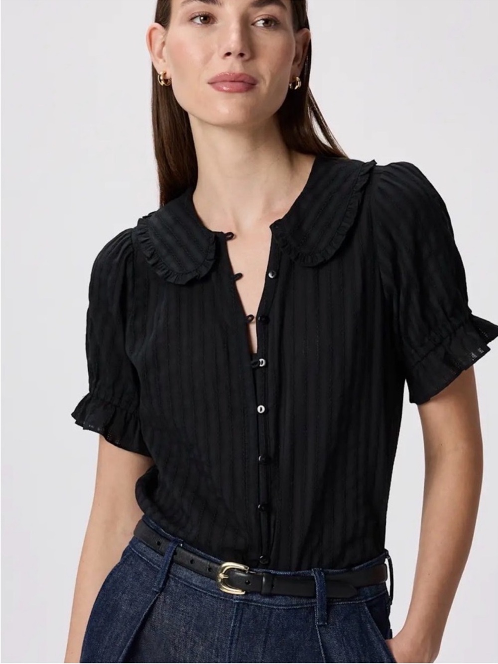Quince Embroidered Ruffle Peter Pan Collar Blouse Size Medium Black